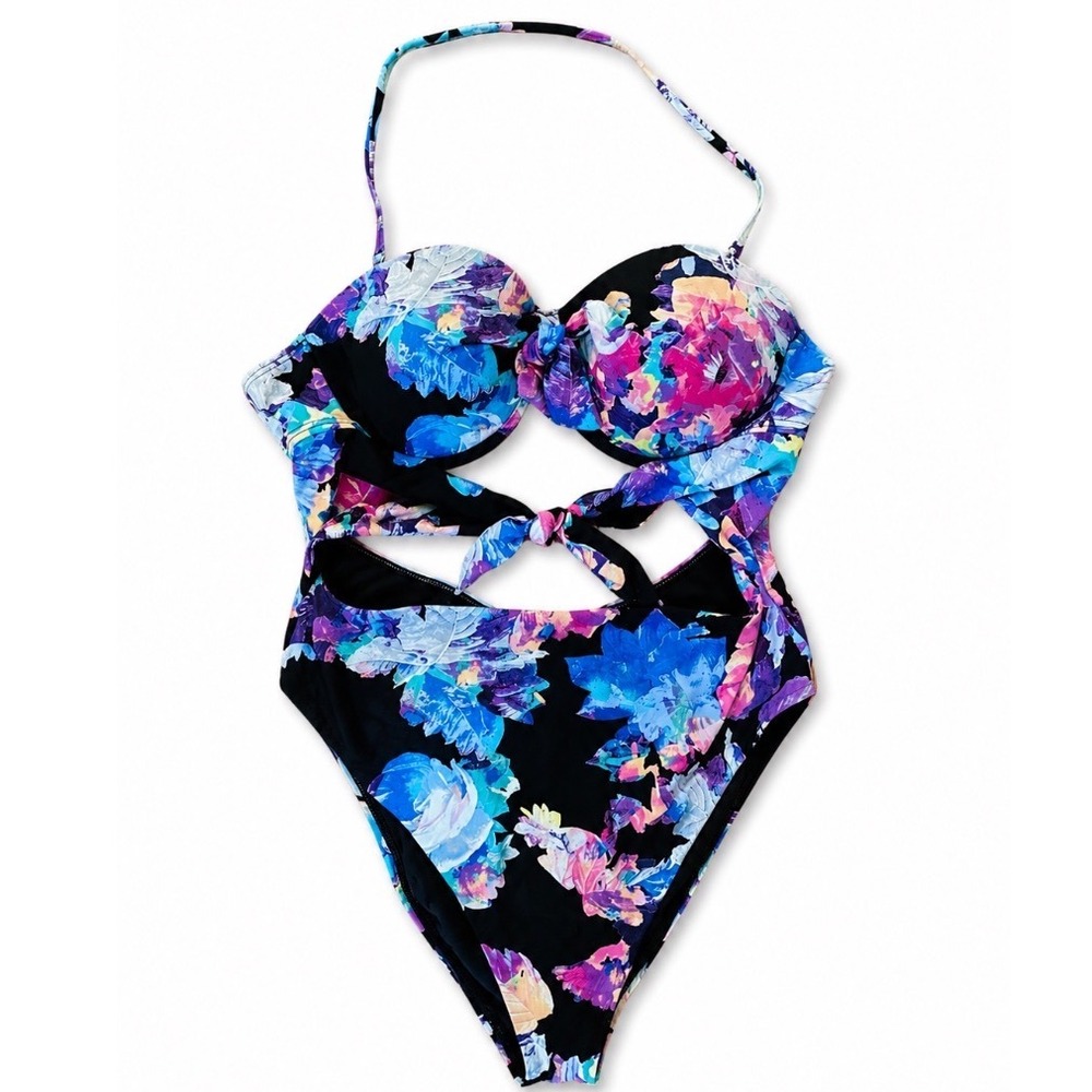 Bar III Womens Floral Monokini Swimsuit Black Pink Blue Cutout Halter XL
